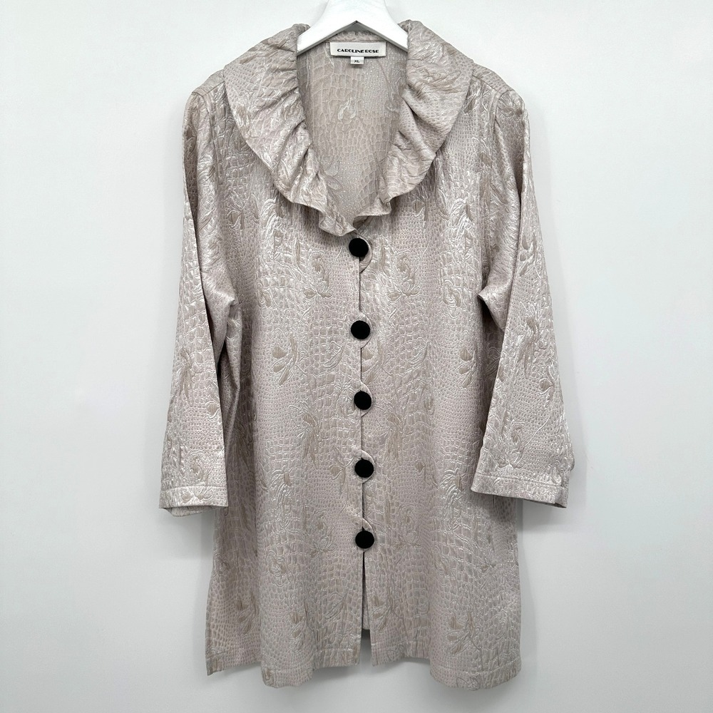 Caroline Rose Jacket Coat Size XL Jacquard 3/4 Sleeves Quiet Luxury Neutral USA